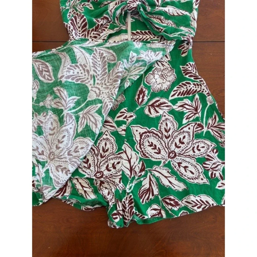 Zara‎ Tropical Green Floral Halter Cutout Romper Mini Skort Jumpsuit Linen Blend